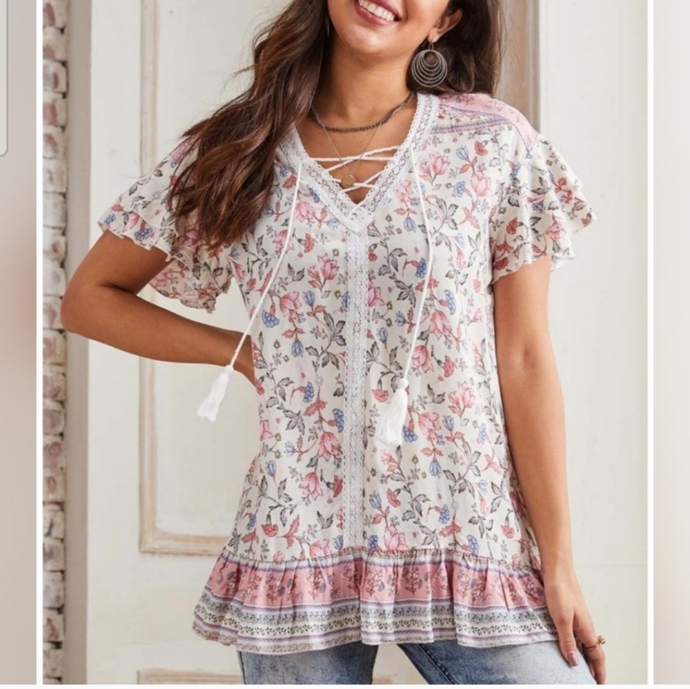 Suzanne Betro Periwinkle Blue/Pink/Cream Lace Up Flutter Sleeve Ruffle Tunic-1X